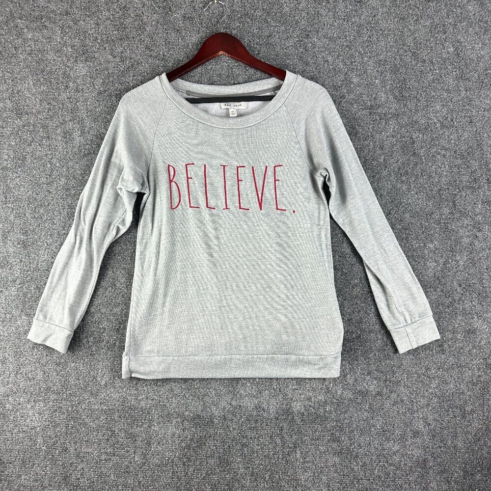 Rae Dunn Sweatshirt Womens Small Gray Stretch BELIEVE Rib Hem Cuffs Pullover